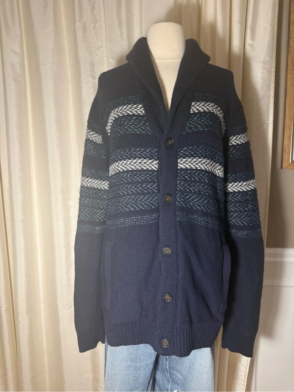 Banana Republic Wool Blend Navy Striped Fair Isle Shawl Collar Cardigan